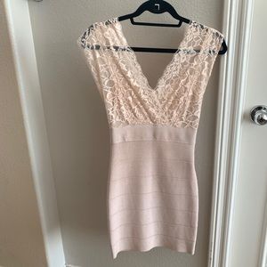 Pale pink BeBe bandage/ lace cocktail dress